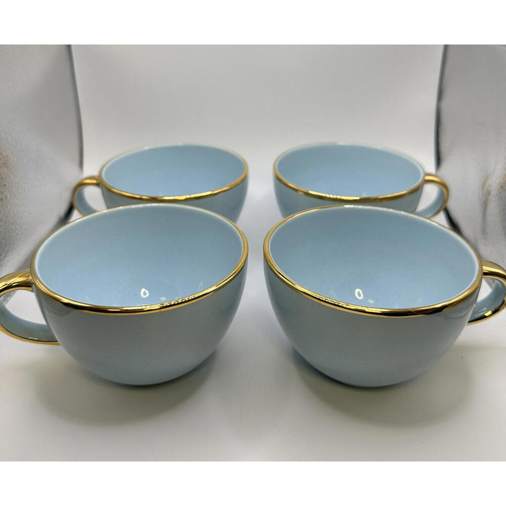 Crate & Barrel Blue Gold Trim Coffee Tea Cups Mugs Set Of 4